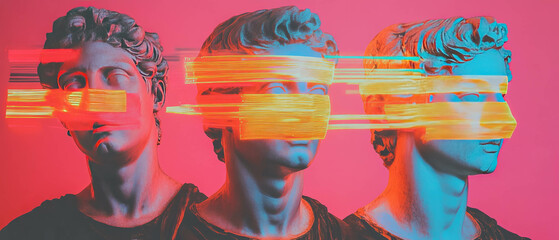 Poster - Neon graffiti transforms classical statues into captivating urban art pieces