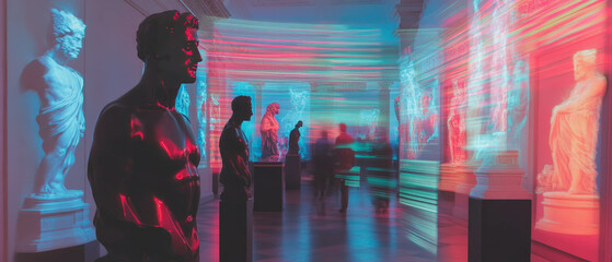 Poster - Neon symbols light up statues, creating a captivating art interpretation in the exhibit