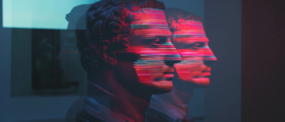 Poster - Visually striking neon symbols illuminate classical statues in artistic display