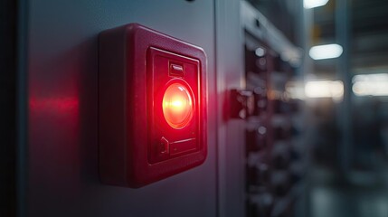 Poster - Fire alarm idea. Close-up of a red emergency button in an industrial environment, indicating alert status.