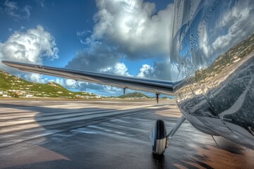 Poster - A close-up shot of an airplane on the runway, ready for takeoff