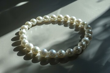 Poster - Beautiful pearl necklace is displayed on a surface, bathed in soft, diffused light that casts intriguing shadows, creating a luxurious and elegant atmosphere