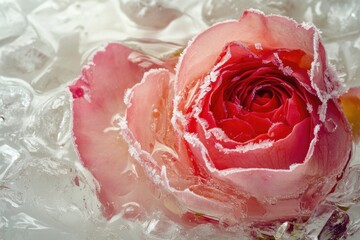 Poster - A pink rose frozen with ice on a table