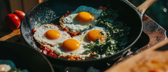 Poster - Fresh herb and organic egg scramble served in a rustic skillet for a healthy breakfast