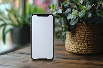 Poster - A cell phone sitting on a wooden table, great for office or home use