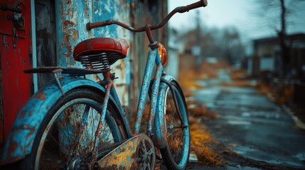 Poster - A rusty old bike leans against a worn-down building, perhaps abandoned or in disrepair