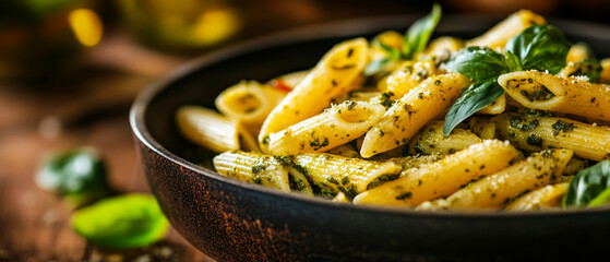 Poster - Delicious penne pasta with creamy pesto sauce served in a rustic bowl