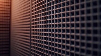 Poster - Studio absorber concept. Close-up of a textured soundproof wall, showcasing intricate grid patterns and materials.