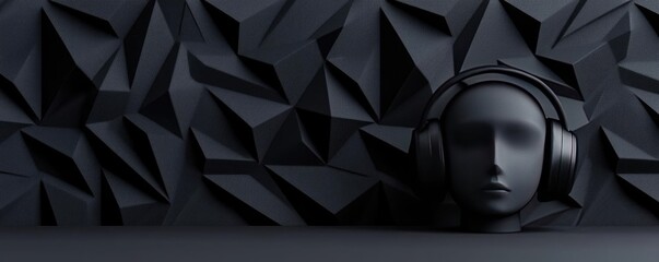 Poster - Studio absorber concept. Abstract head silhouette with headphones against a geometric black background.