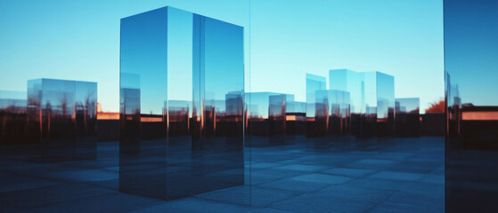 Poster - Reflective surfaces generating abstract shapes and intriguing visual depth at twilight