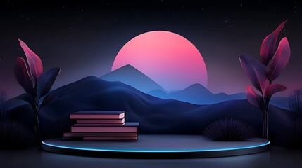 Sticker - A serene digital landscape featuring stacked books in the foreground against a vibrant sunset