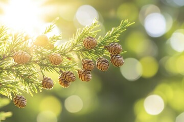 Poster - A group of pine cones hanging from a tree branch, surrounded by lush foliage