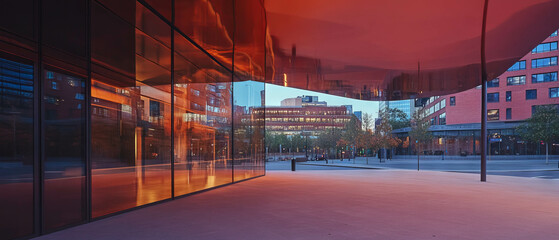 Poster - Reflective surfaces create captivating abstract patterns in urban setting during twilight