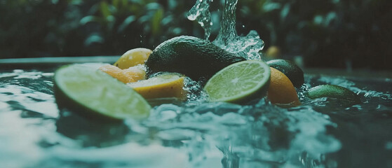 Poster - Fresh avocados and lime slices splashing in water for a vibrant culinary experience