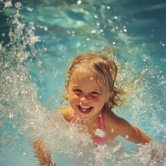 Poster - A little girl enjoying herself in a swimming pool, great for summer vibes or kid-friendly content