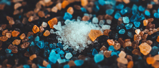 Poster - Colorful assortment of salt and coarse grains displayed on dark background