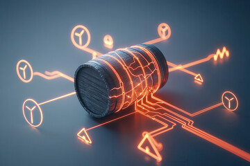 Fototapete - cracked oil barrel with glowing energy waves and circuits
