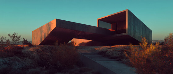 Poster - Exploring sharp angles and geometric designs in modern architecture at sunset in a desert landscape