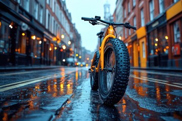 Poster - A yellow bicycle is parked on a wet city street, waiting for its next adventure
