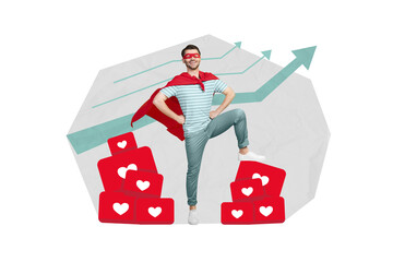 Poster - Creative collage of superhero man hands on waist leg on likes arrows pointing up increase followers isolated on pastel color background