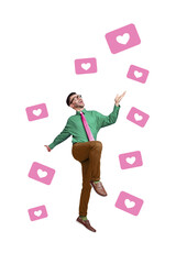 Poster - Vertical collage image of excited positive guy overjoyed drawing like heart notifications isolated on painted background