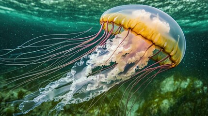 Wall Mural - A jellyfish drifting in the ocean with its mouth open, suitable for use in ocean-related or wildlife documentaries