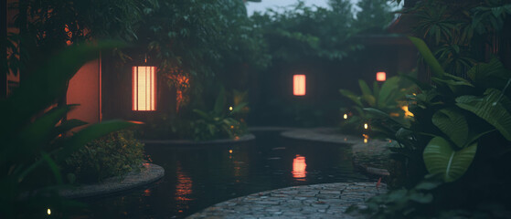 Poster - Tranquil garden path illuminated by soft lights creates a serene atmosphere