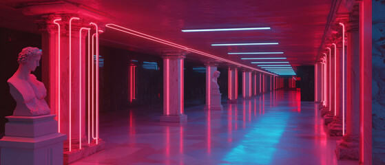 Poster - Statues illuminated by neon lights in a modern architectural setting