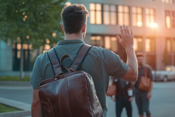 Poster - A person with a backpack waving outside a structure, possibly a building or monument