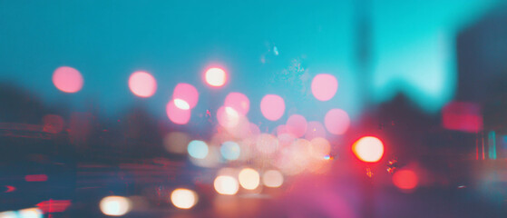 Poster - Soft glows and light leaks create a nostalgic ambiance on a bustling city street at twilight