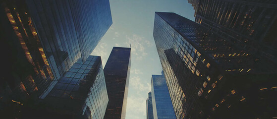 Aufkleber - Skyward view of modern skyscrapers in a dynamic urban landscape at sunset