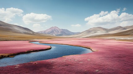 Canvas Print - Serene landscape with pink vegetation, winding river, and majestic mountain under a vibrant blue sky.