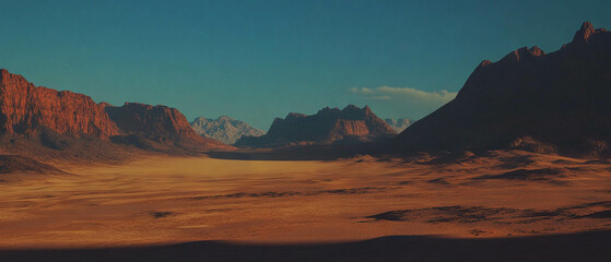 Poster - Vast desert landscape with rolling sand dunes under a clear blue sky at sunset