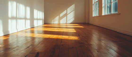 Aufkleber - Minimalist interior with wooden flooring and soft sunlight filtering through the windows