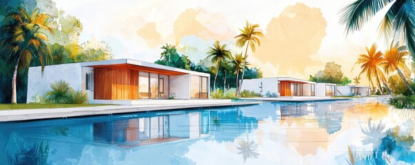 Poster - Architect sketching concept. Modern tropical homes by a serene waterway surrounded by lush palm trees.
