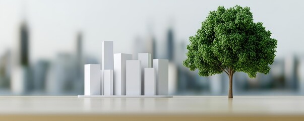 Poster - Architect project idea. A model of a cityscape next to a vibrant green tree representing nature and urban life.
