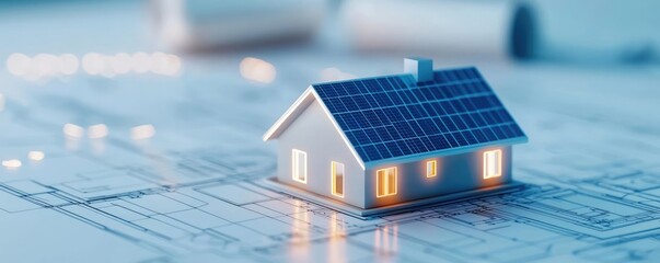 Poster - Architect project idea. A model house with solar panels on a blueprint background illustrating sustainable design.