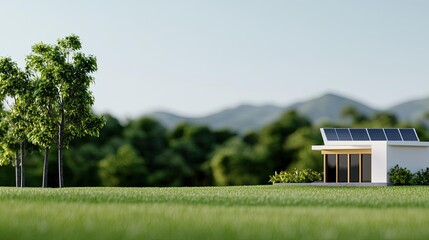 Poster - Architect project idea. Modern eco-friendly house with solar panels in a lush green landscape under clear sky.