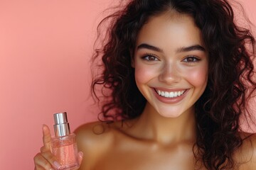 Poster - A beautiful young woman holds a bottle of perfume, perfect for beauty and fashion illustrations