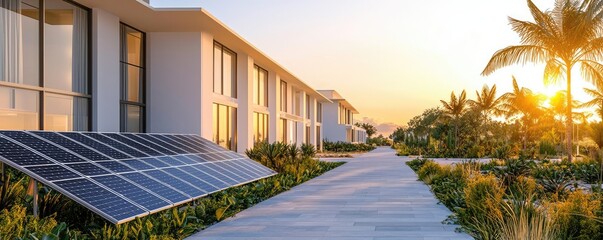 Poster - Architect blueprint idea. Modern eco-friendly homes with solar panels at sunset, surrounded by lush greenery.