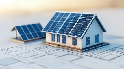 Poster - Architect project idea. A modern house model featuring eco-friendly solar panels on the roof.
