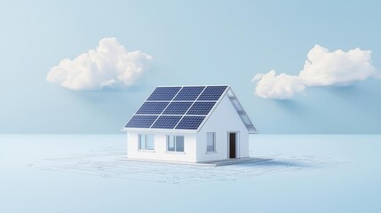 Poster - Architect project idea. Modern house with solar panels against a serene blue sky and fluffy clouds.