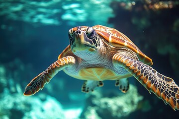 Aufkleber - A turtle swims in the water with its mouth open, a natural behavior for this reptile