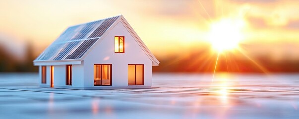 Aufkleber - Architect blueprint idea. A modern house with solar panels illuminated by the warm glow of sunset.