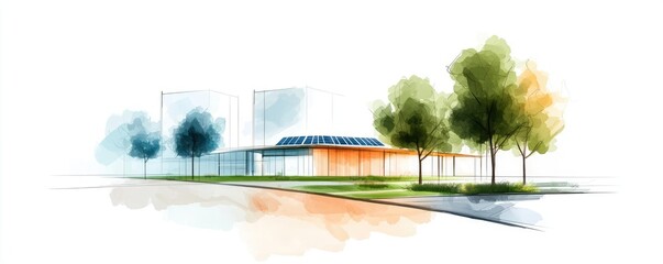 Poster - Architect sketching concept. A modern building illustration surrounded by trees in a vibrant urban landscape.