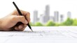 © Tin - Architect blueprint idea. A hand drawing architectural plans with a city skyline in the background.