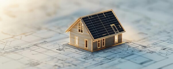 Poster - Architect project idea. A model house on blueprints highlighting sustainable building design concepts.
