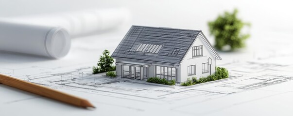Poster - Architect project idea. A model house placed on architectural blueprints, showcasing modern design elements.