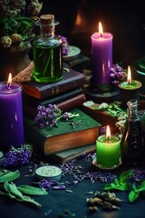 Poster - Cozy study space with candles lit, surrounded by piles of books