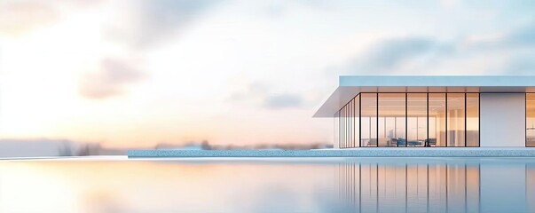 Poster - Architect blueprint idea. Modern architectural design with a sleek structure and serene water reflection.